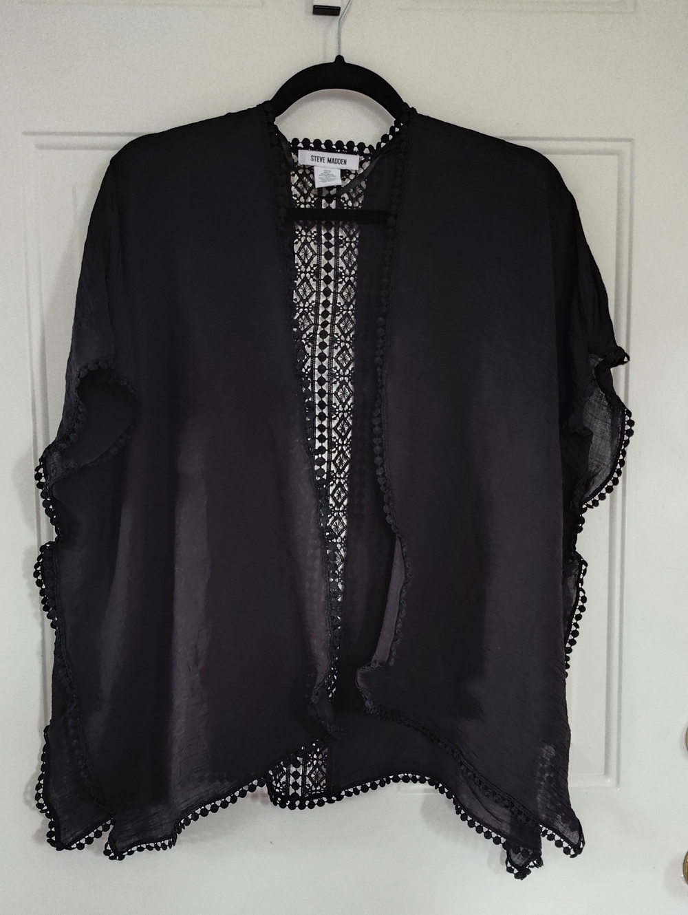 Steve Madden Black Sheer Pom-Pom Trim Kimono Cover-Up OSFM